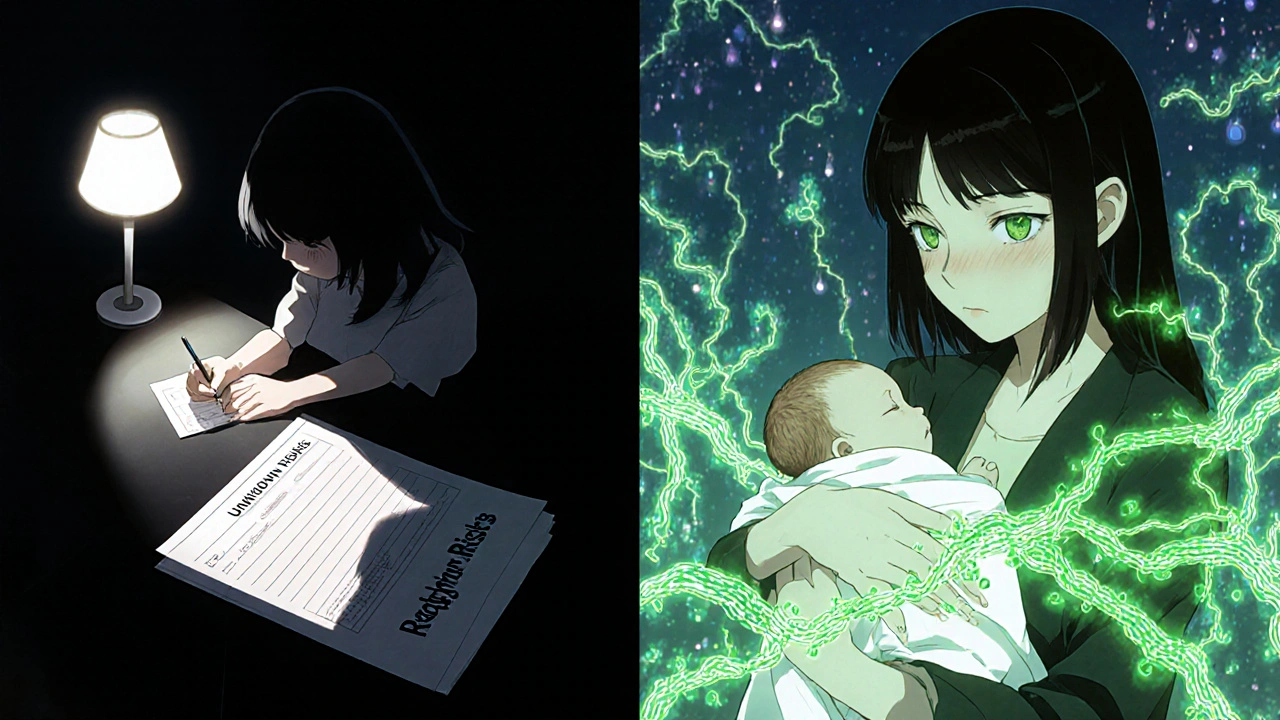 A woman signing a pregnancy registry form, with her shadow transforming into a network of connected mothers across the world.