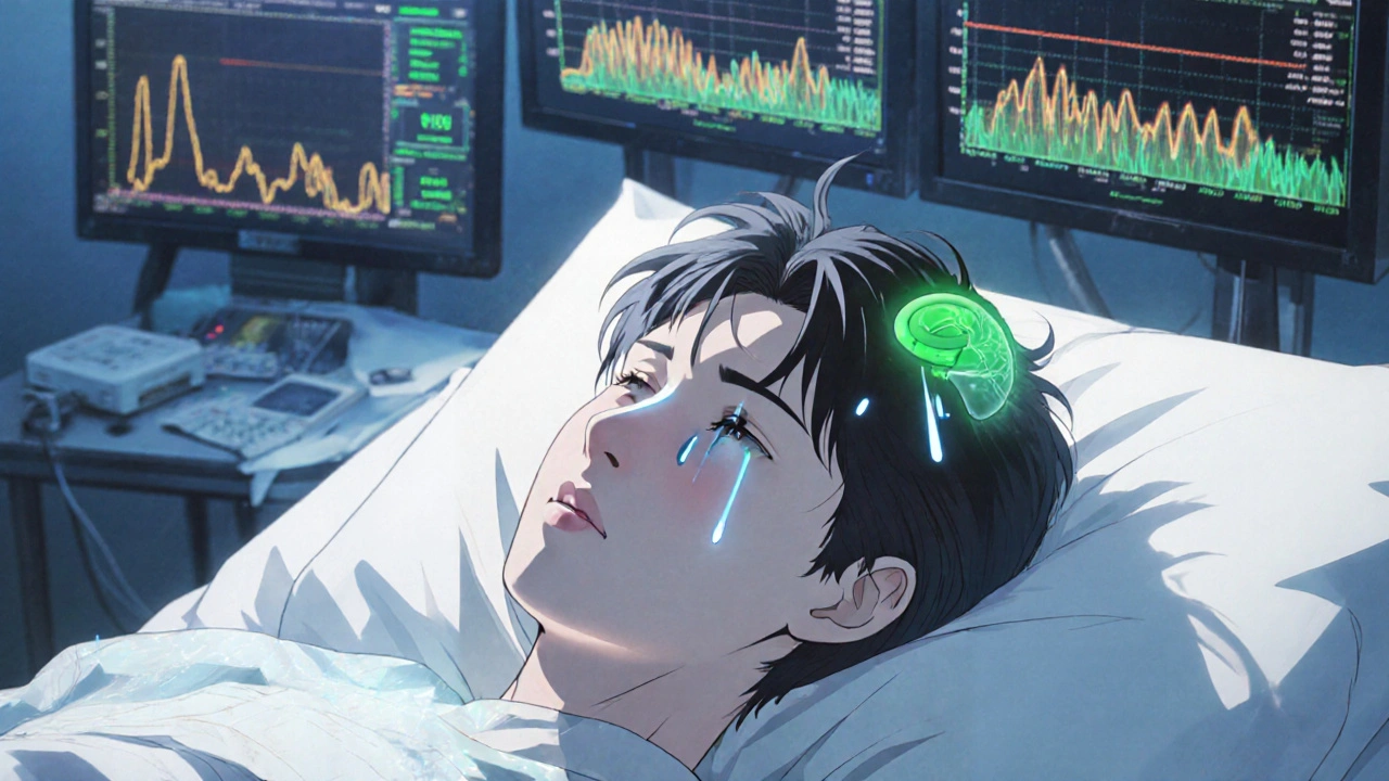 A young patient with a glowing tumor in their brain, surrounded by two life-path timelines showing treatment outcomes.