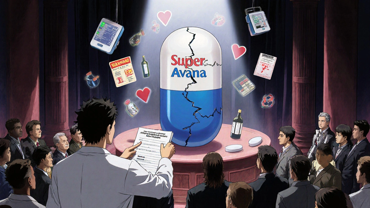 Cracked Super Avana pill on trial under spotlight, doctor presenting safe alternatives.