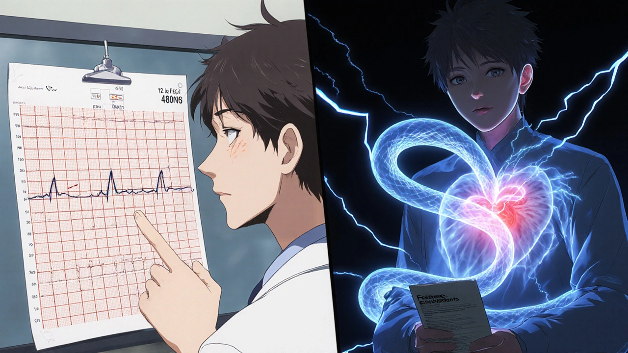 Doctor reviewing ECG with prolonged QT, while ghostly arrhythmia twists around patient&#039;s heart in split-panel scene.