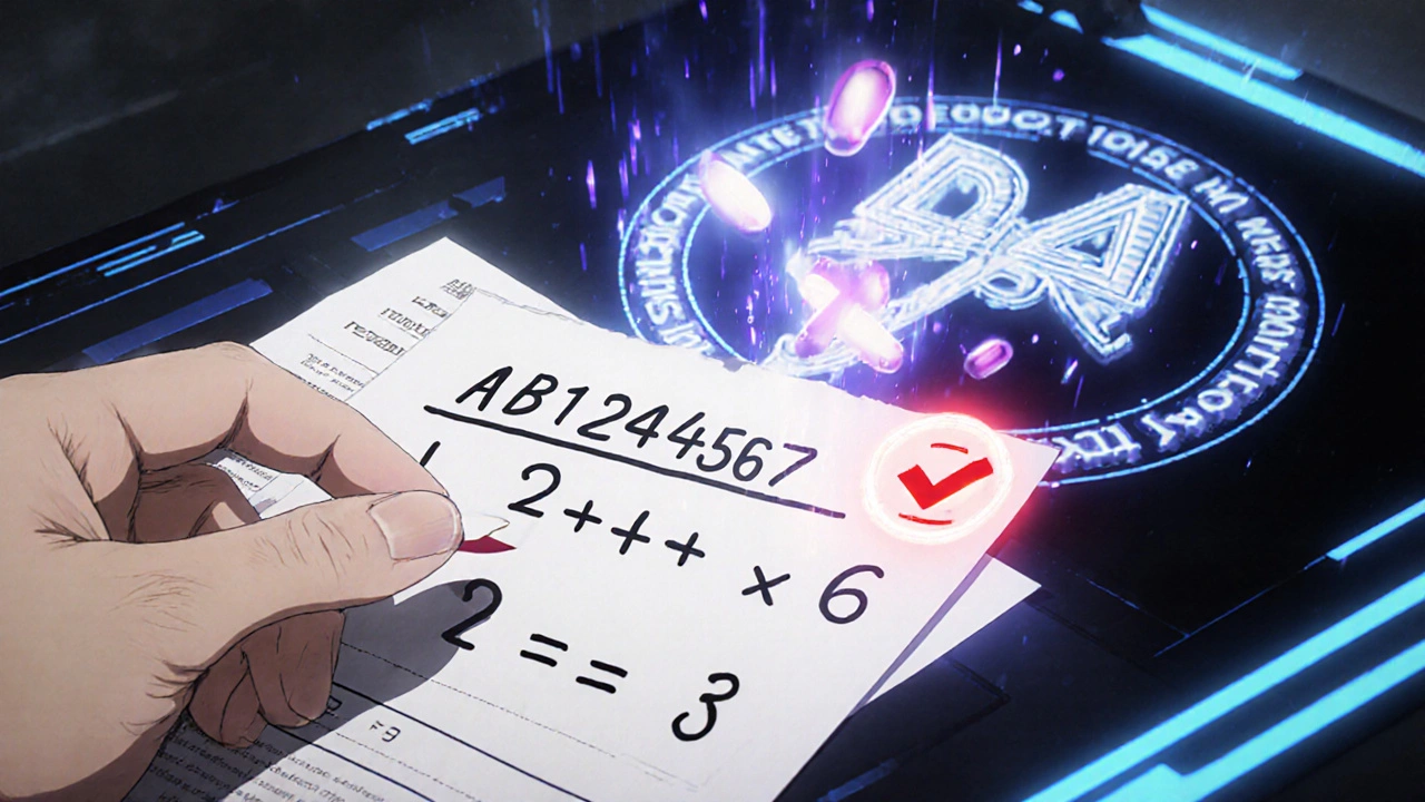 Hand performing DEA number validation math with floating arithmetic symbols and glowing checkmark.