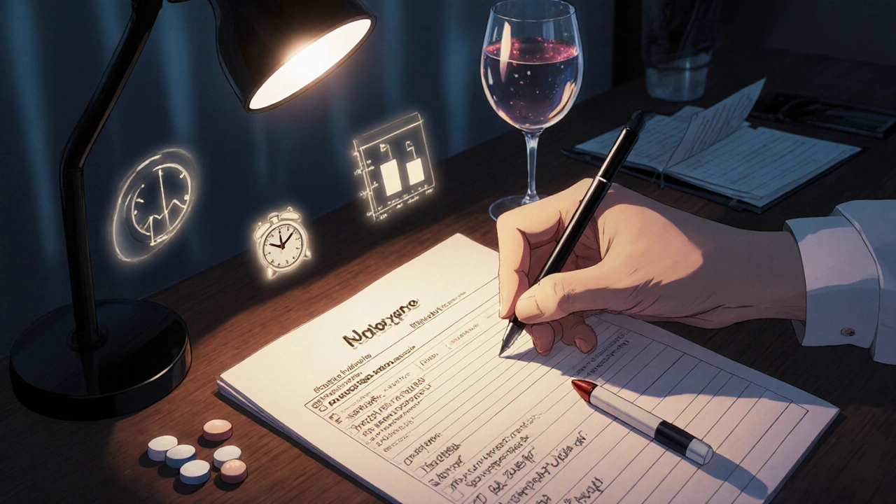 Hand writing detailed medication timeline with pills and wine glass nearby under warm light.
