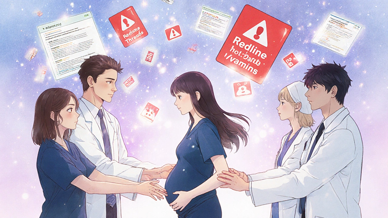 Healthcare team guides pregnant woman away from internet myths toward safe medical advice.