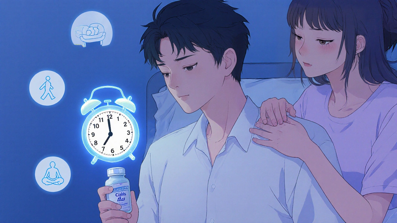 Man with daily Cialis pill and partner in calm bedroom, symbols of health nearby.