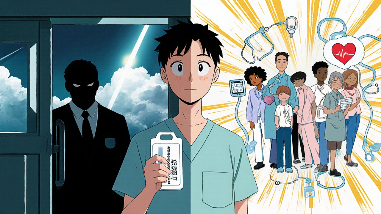 Patient exiting hospital with naloxone kit, split vision of judgment vs. compassionate care.