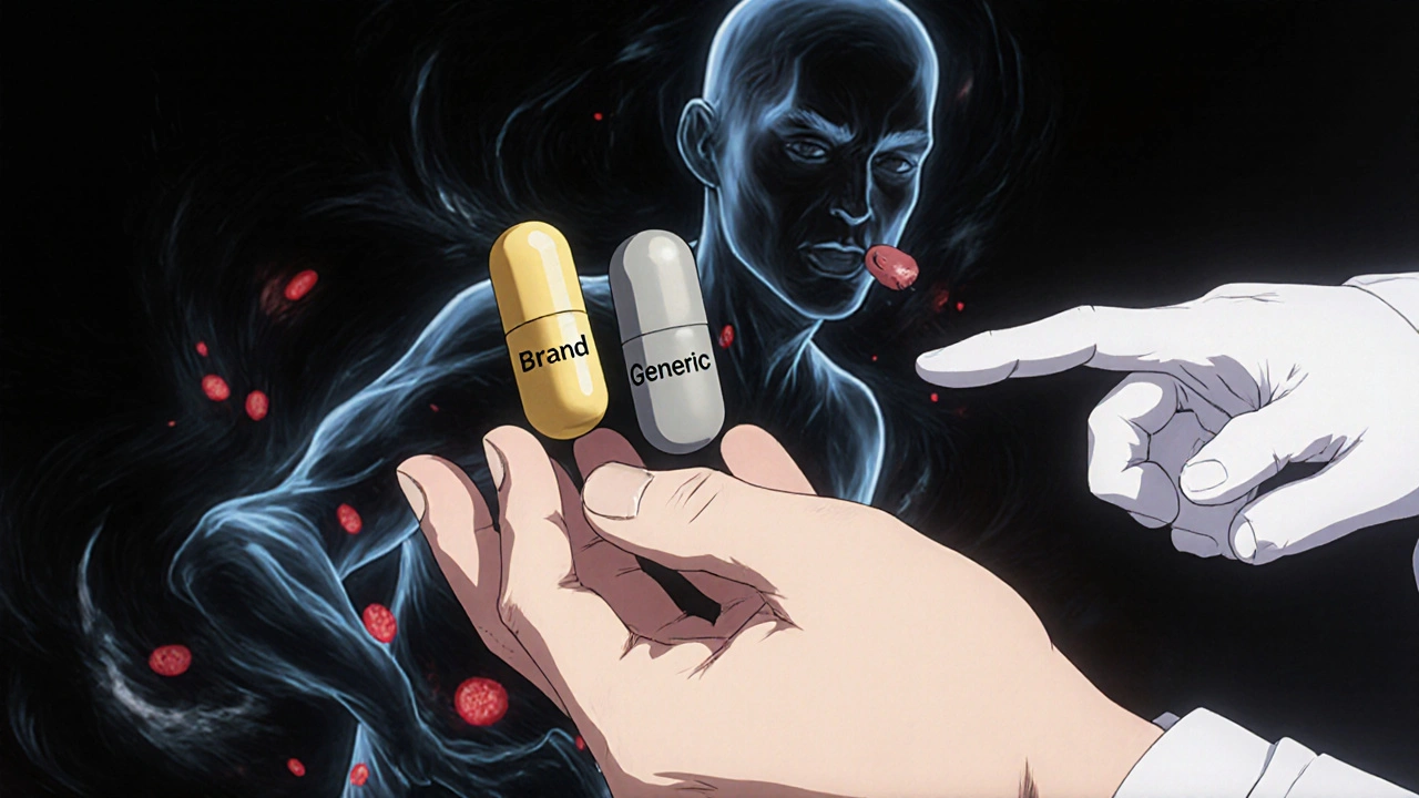 Patient holding brand and generic pills with dangerous energy swirling around them.