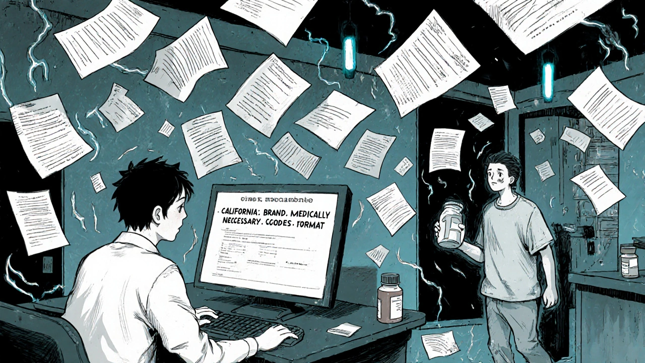 Pharmacist confused by conflicting state override codes on a computer screen.