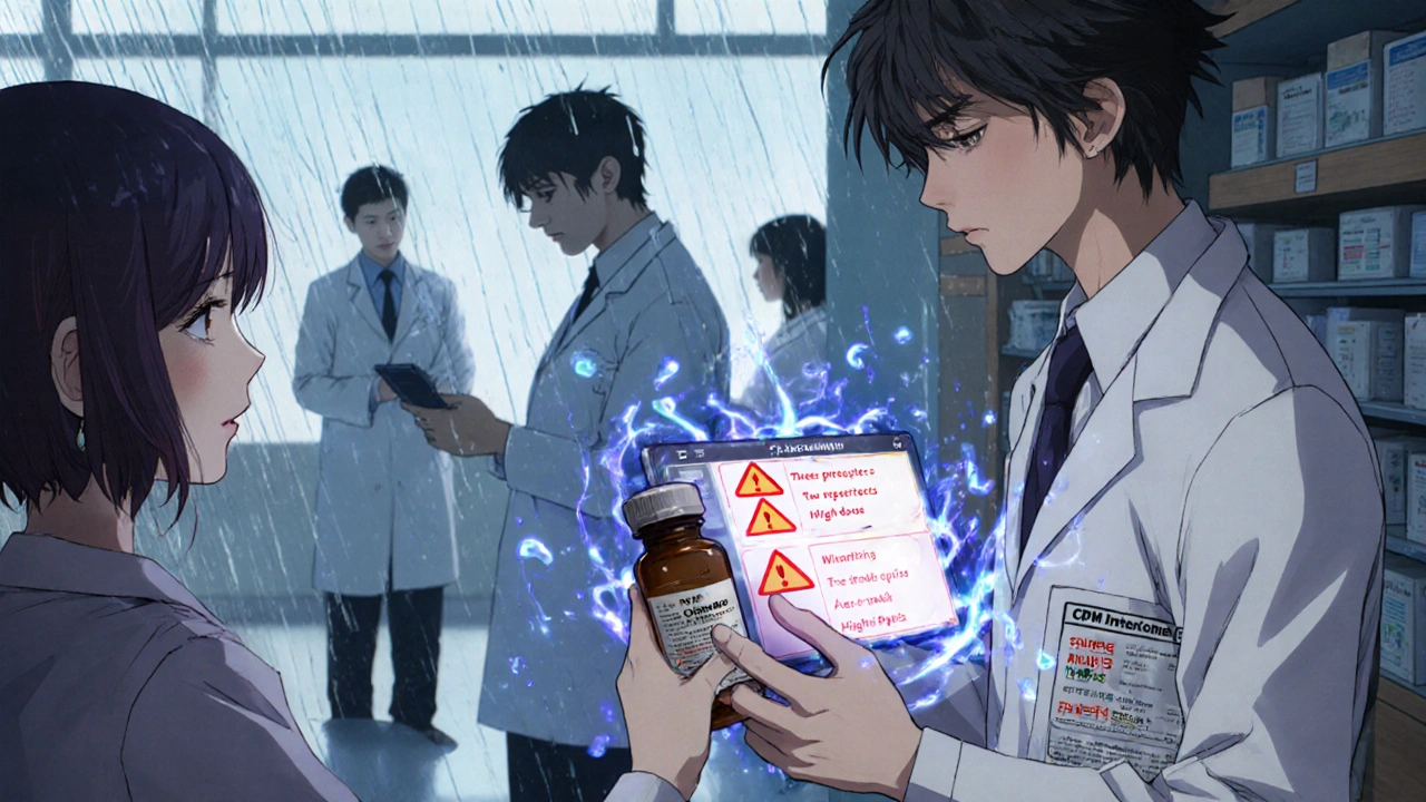 Pharmacist dispensing medication while PDMP screen shows red flags for multiple prescribers and high doses.