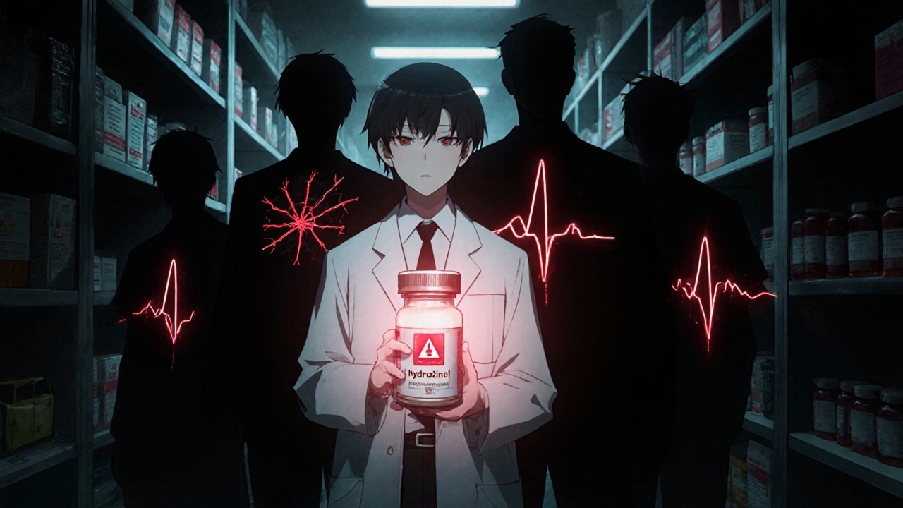 Pharmacist holding hydroxyzine bottle with pulsing red warning, shadowy patients with ECG lines behind them.