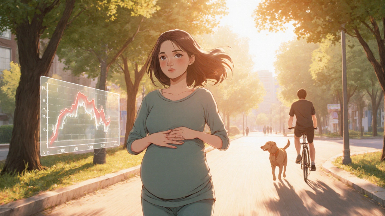 Pregnant woman walking after lunch, blood sugar levels dropping steadily.