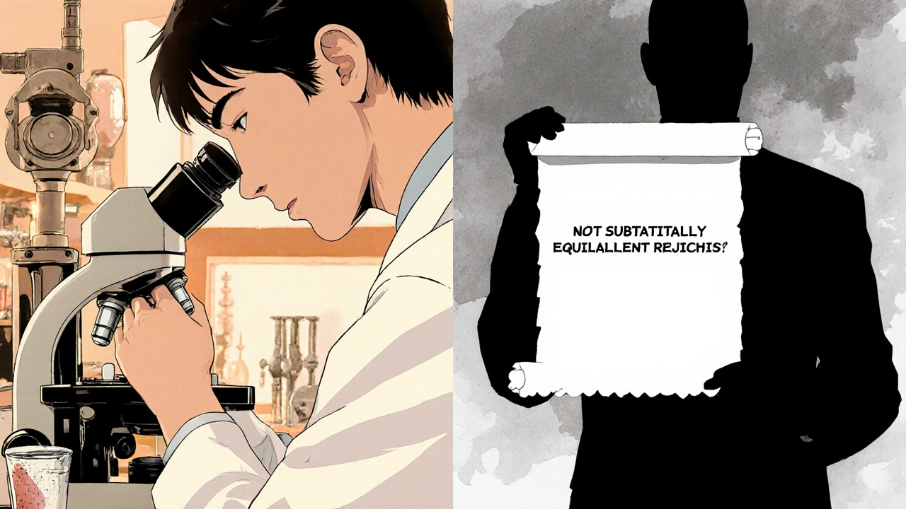 Scientist adjusting drug particle size compared to a faceless FDA figure rejecting the formulation with no explanation.