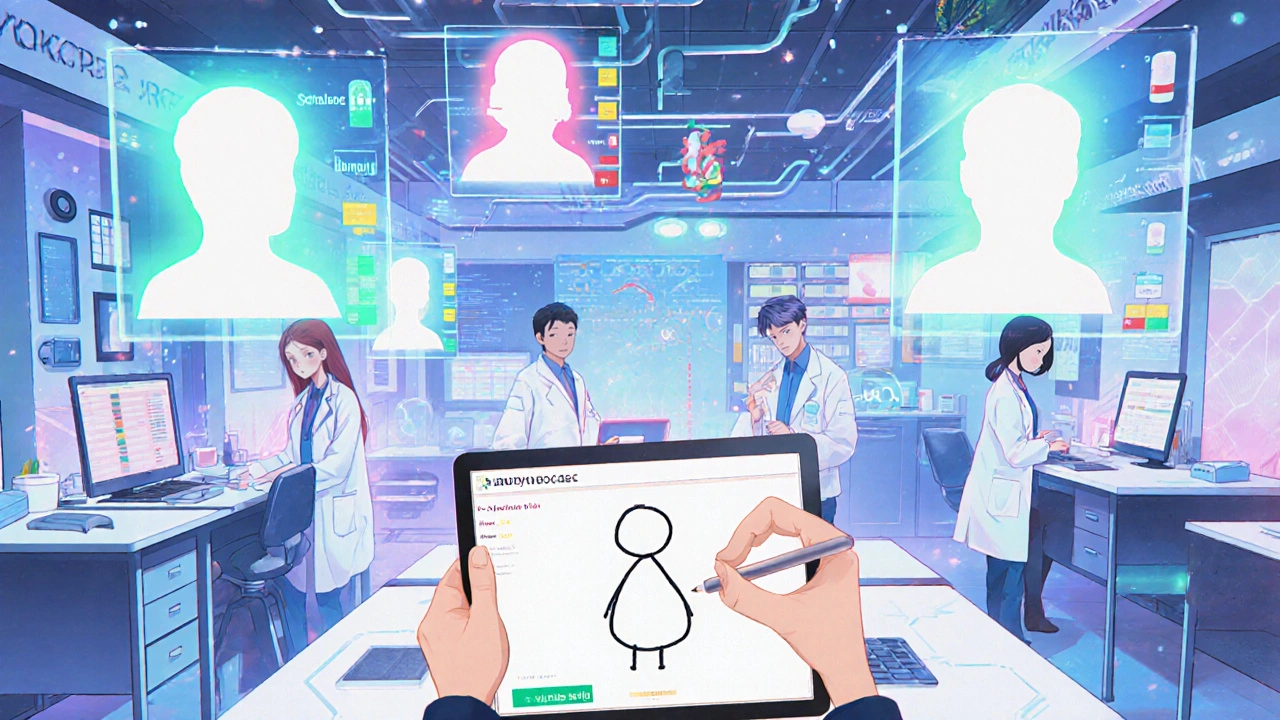 Scientists analyzing holographic fetal data in a lab, with a child’s drawing symbolizing future safety for pregnant women.