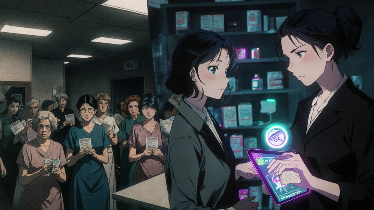 Split scene: 1950s thalidomide tragedy vs. modern pregnancy medication consultation.