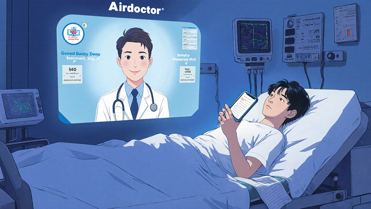 Traveler in emergency room with AI doctor hologram from health app projecting above.