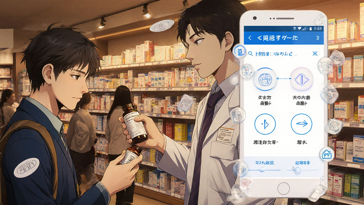 Traveler showing pill bottle to pharmacist with digital app overlay showing drug equivalents.