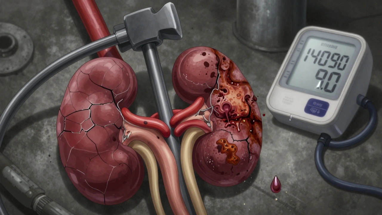 A blood vessel hammering kidney filters under high pressure, scarring spreading like rust across tissue.