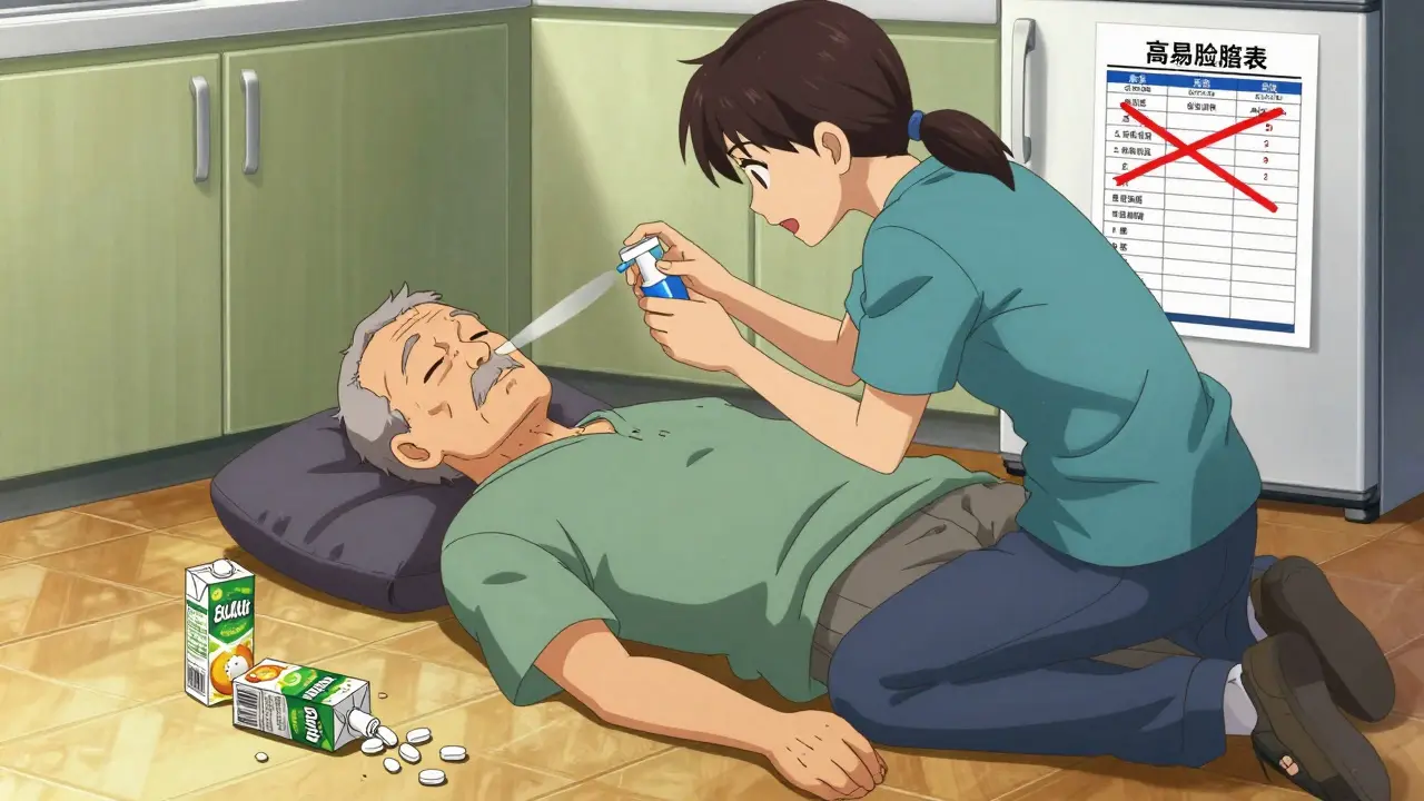 A caregiver administers nasal glucagon to an unconscious senior on the kitchen floor, medical supplies scattered around.