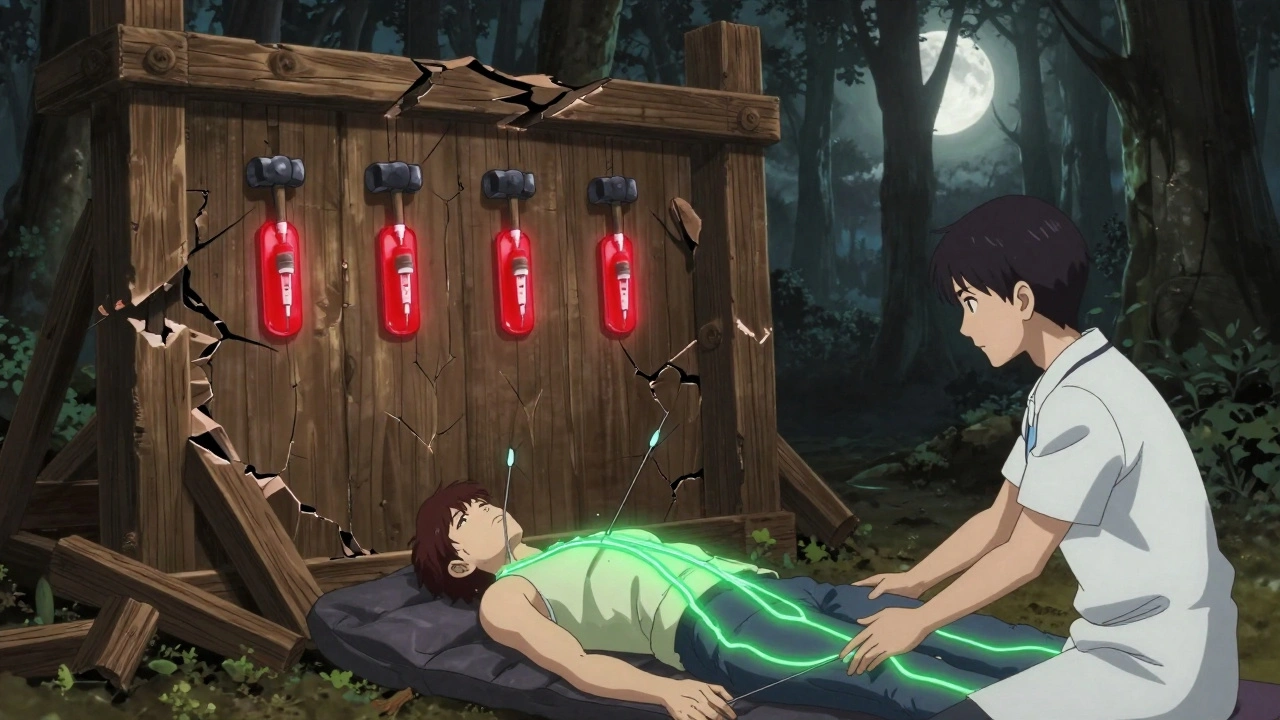 A crumbling joint under repeated injections, contrasted with gentle therapy and growing healing light.