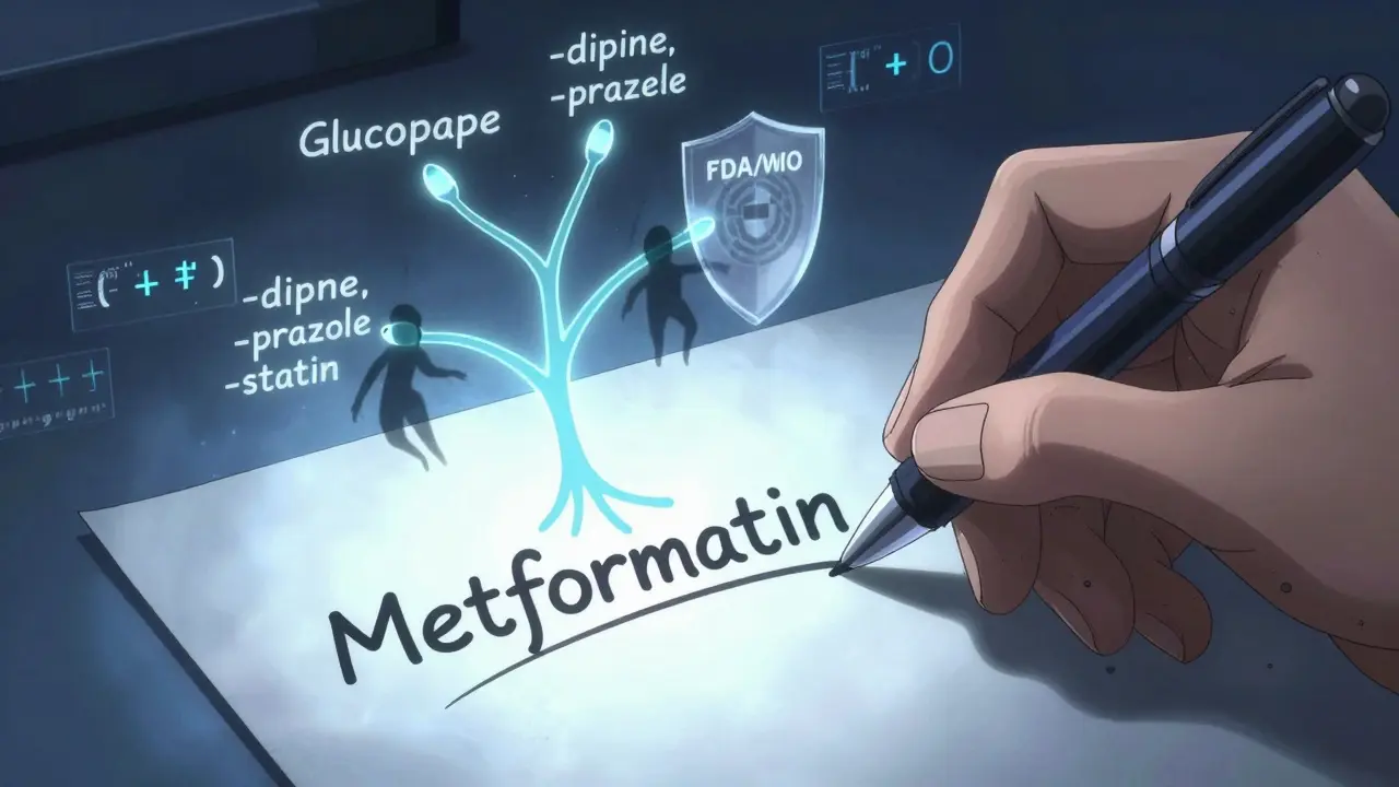 A hand writing 'Metformin' as glowing drug stems branch into a tree, blocked by a regulatory shield.