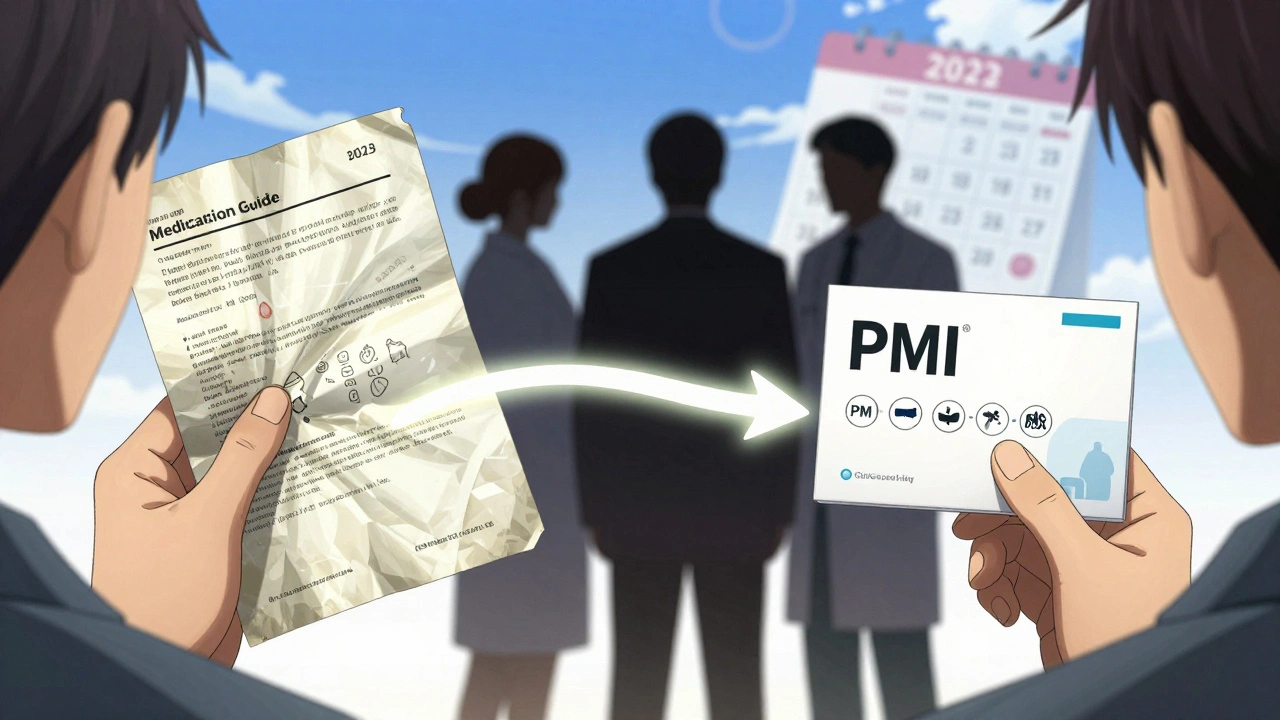 A patient holding an old confusing medication guide next to a clear new PMI sheet, symbolizing improved safety.