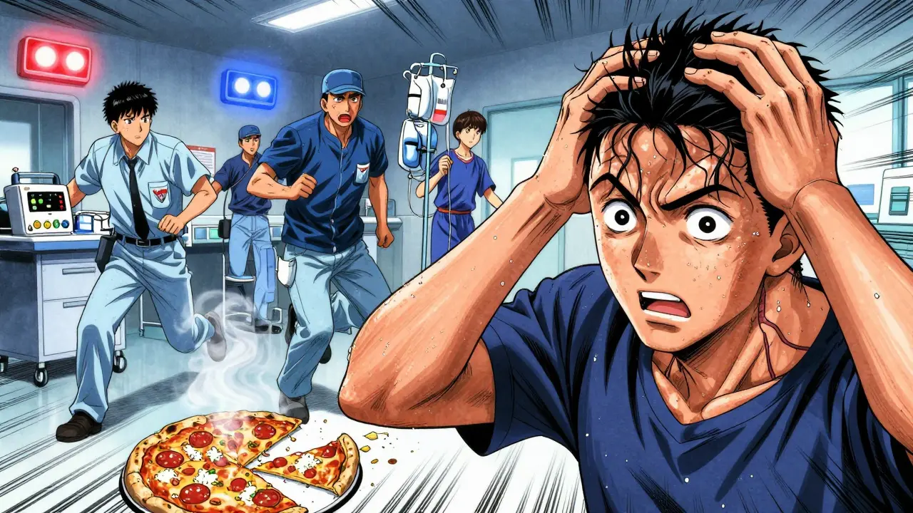 A patient in emergency room clutching their head, veins bulging, as medical staff rush in, with pepperoni and Parmesan pizza on the floor nearby.