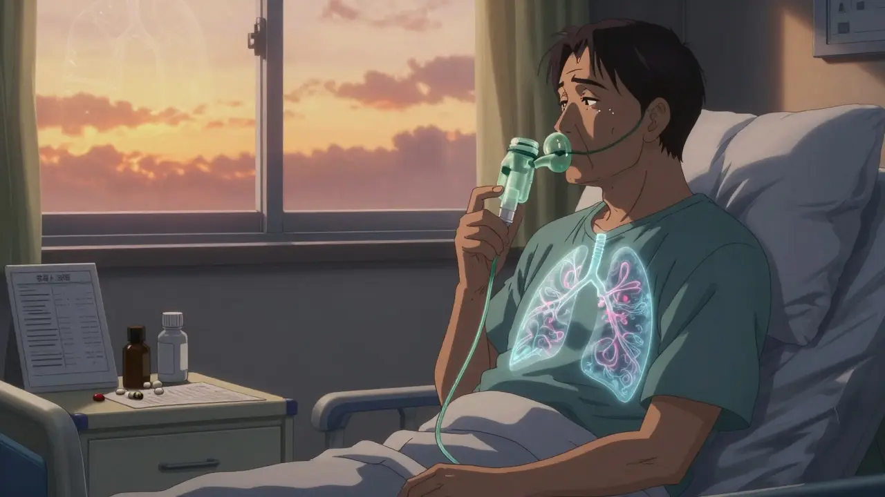 A patient sitting on a hospital bed with oxygen tubing, gazing at a sunset as fibrotic patterns rise from their chest.