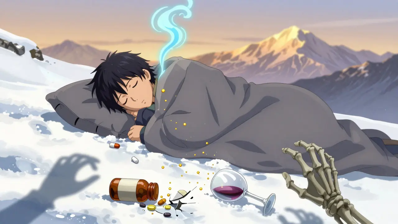 A peaceful sleeper surrounded by melatonin particles, while broken sedative bottles lie shattered in the snow.