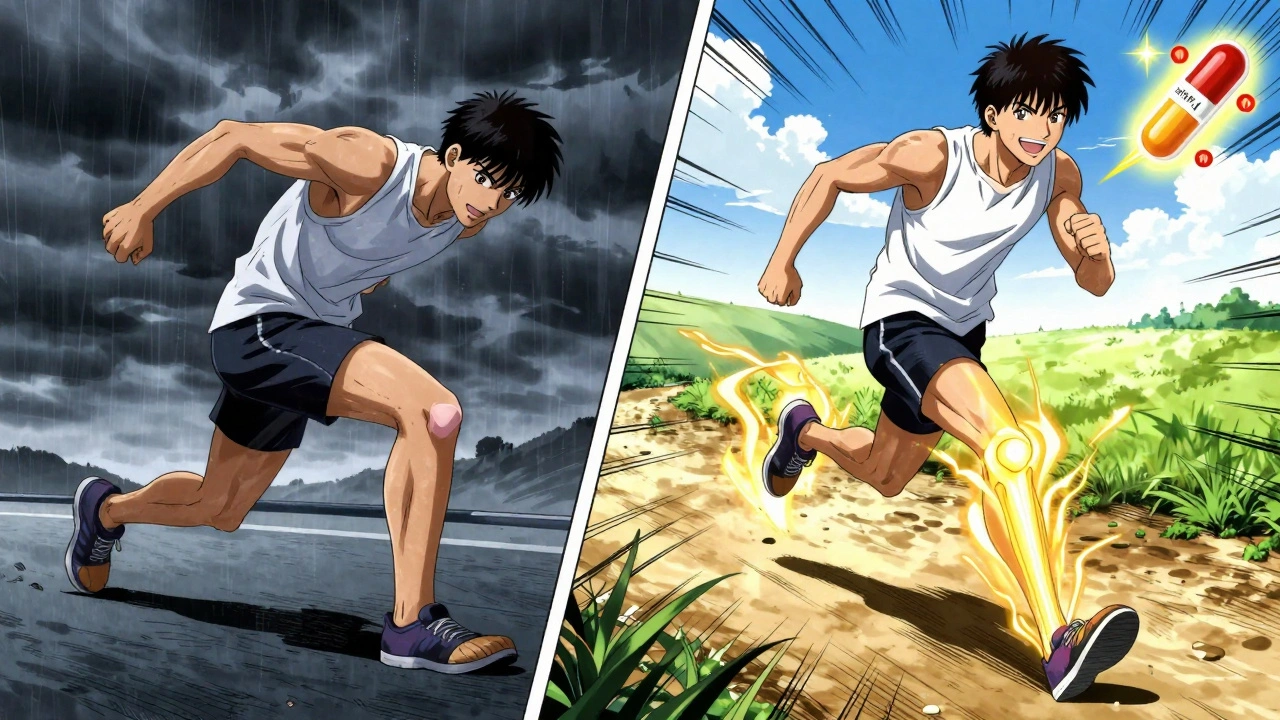 A runner transformed from pain to mobility after a cortisone shot, with symbolic inflammation particles fading.