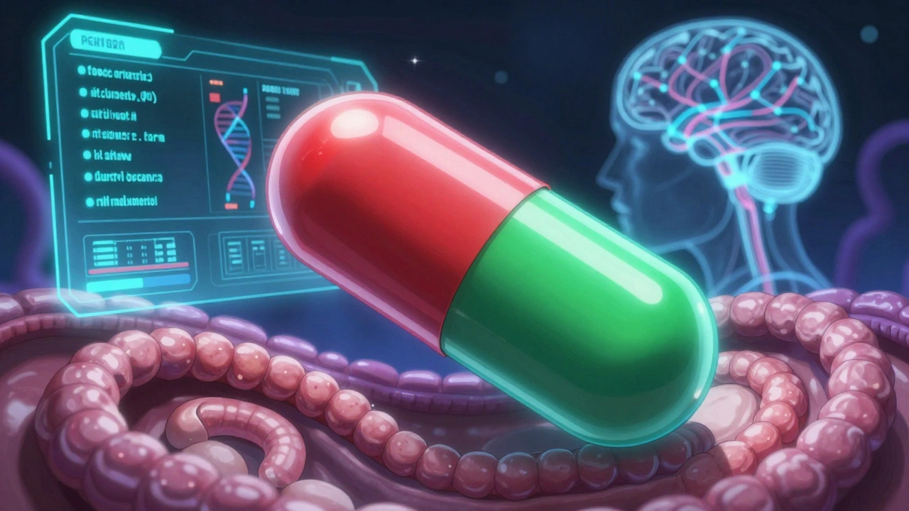 A smart capsule adapting to high-pH environment in a bypassed intestine, with AI dosing interface in background.