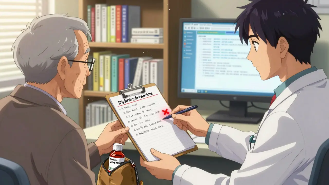 An elderly patient sharing a fatigue log with a doctor in a clinic, pointing to a non-sedating alternative.