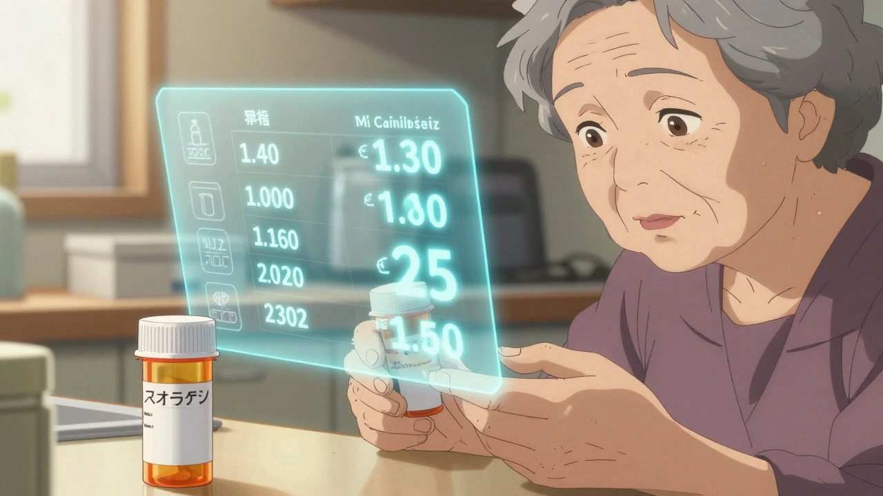 An elderly woman compares brand and generic medication bottles with a digital price overlay.