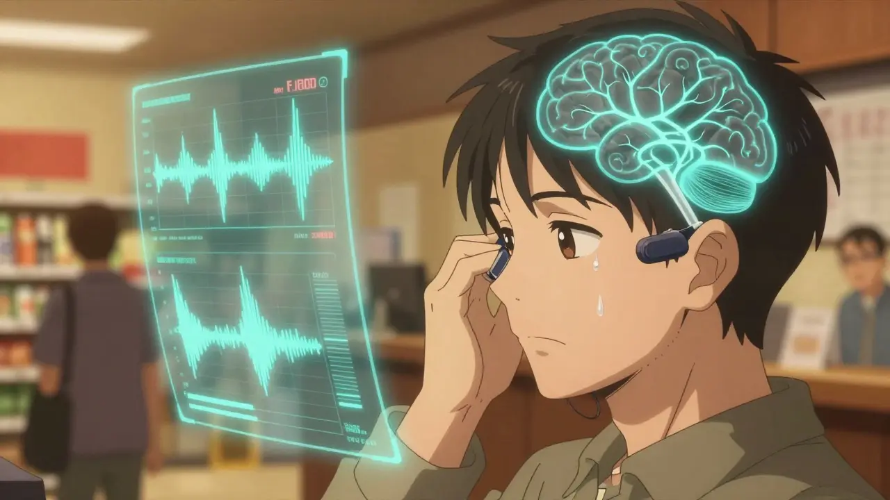 Audiologist adjusting a sound device while holographic brainwave graphs float nearby, patient showing quiet relief.