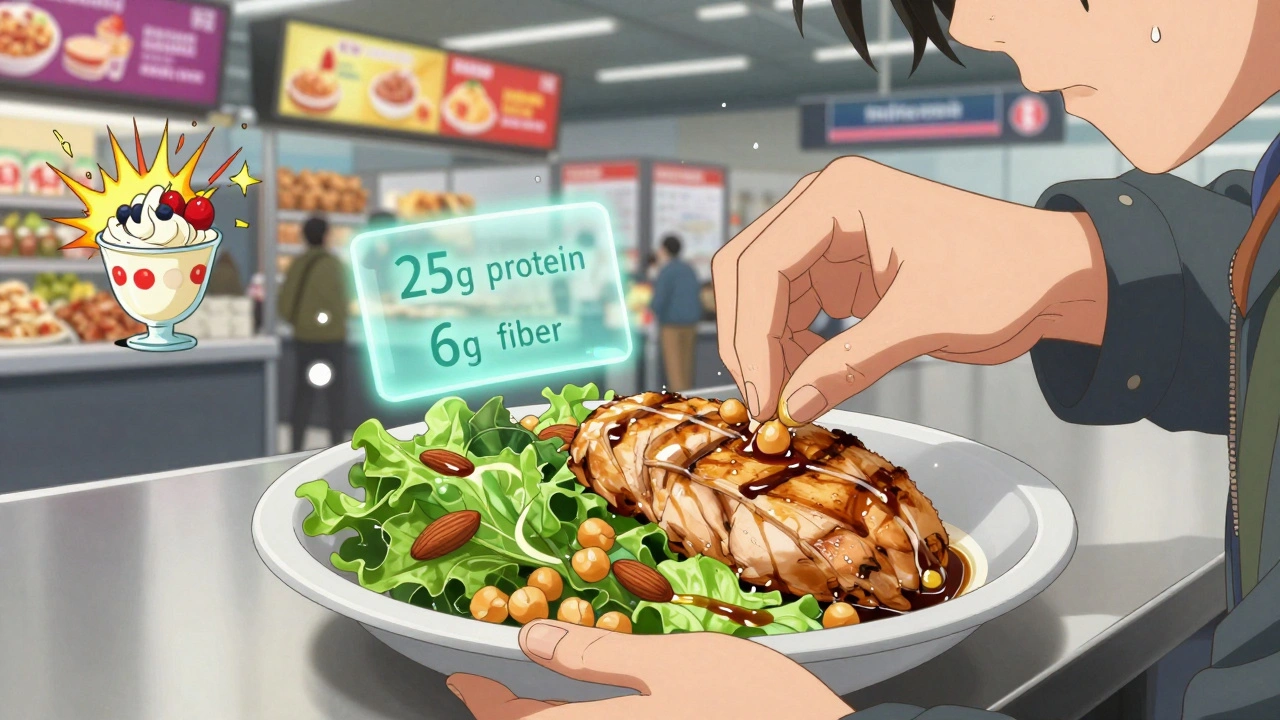 Close-up of a balanced airport salad with nutritional stats glowing above it, oil and vinegar drizzled dramatically.