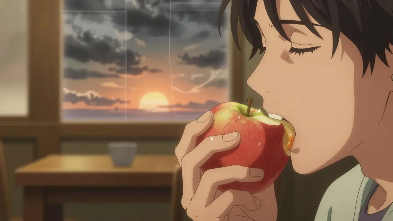 Close-up of hands slowly eating an apple, eyes closed in mindful awareness, warm light highlighting the moment.