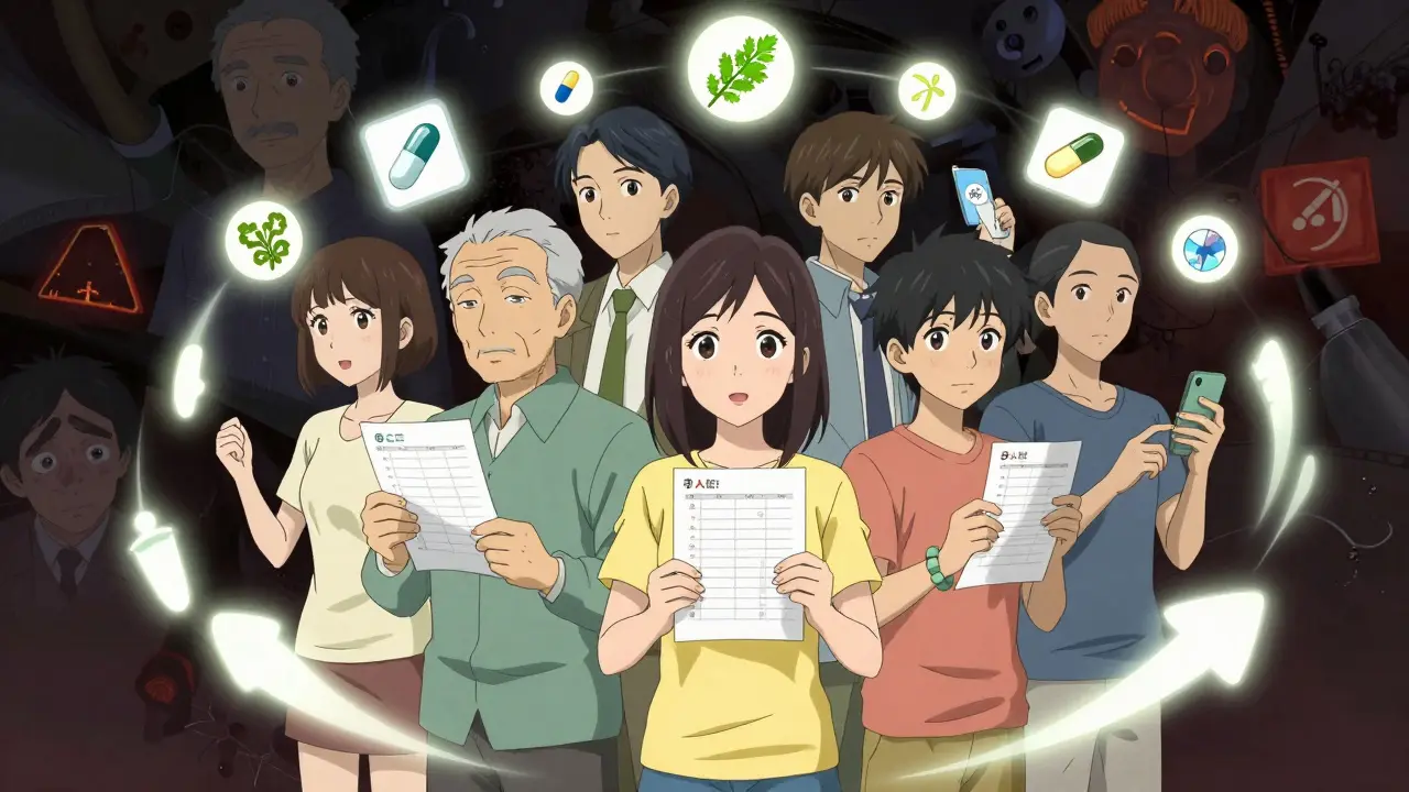 Diverse individuals holding medication lists with floating medical symbols around them