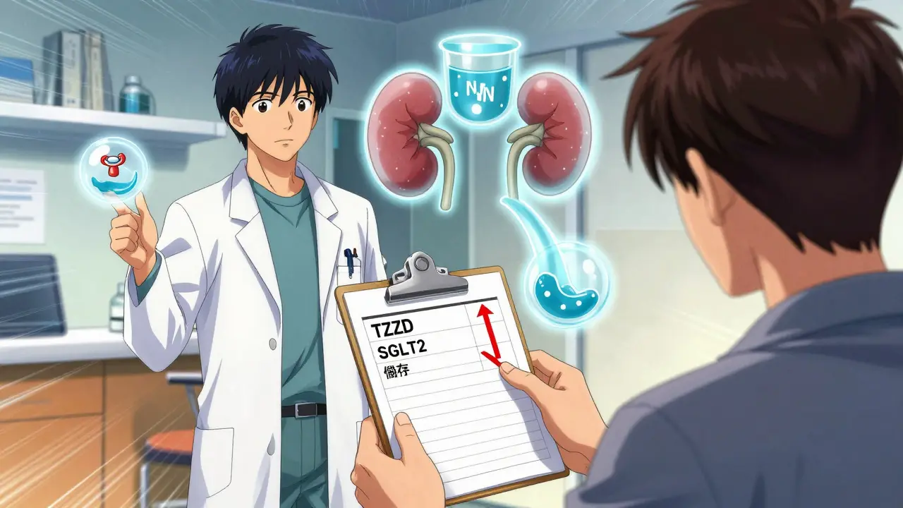 Doctor and patient reviewing weight log with TZD and SGLT2 inhibitor prescriptions, fluid dynamics illustrated in background.