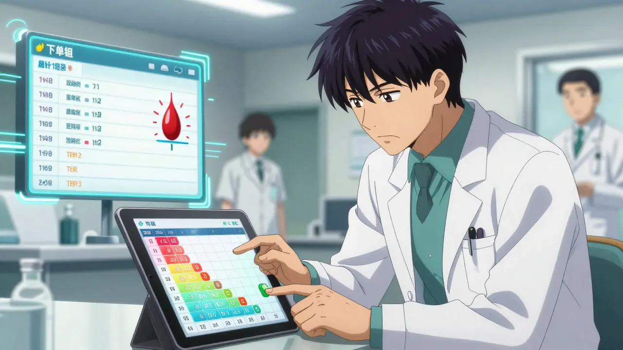 Doctor and pharmacist reviewing a changing formulary dashboard with a patient's medical chart nearby.