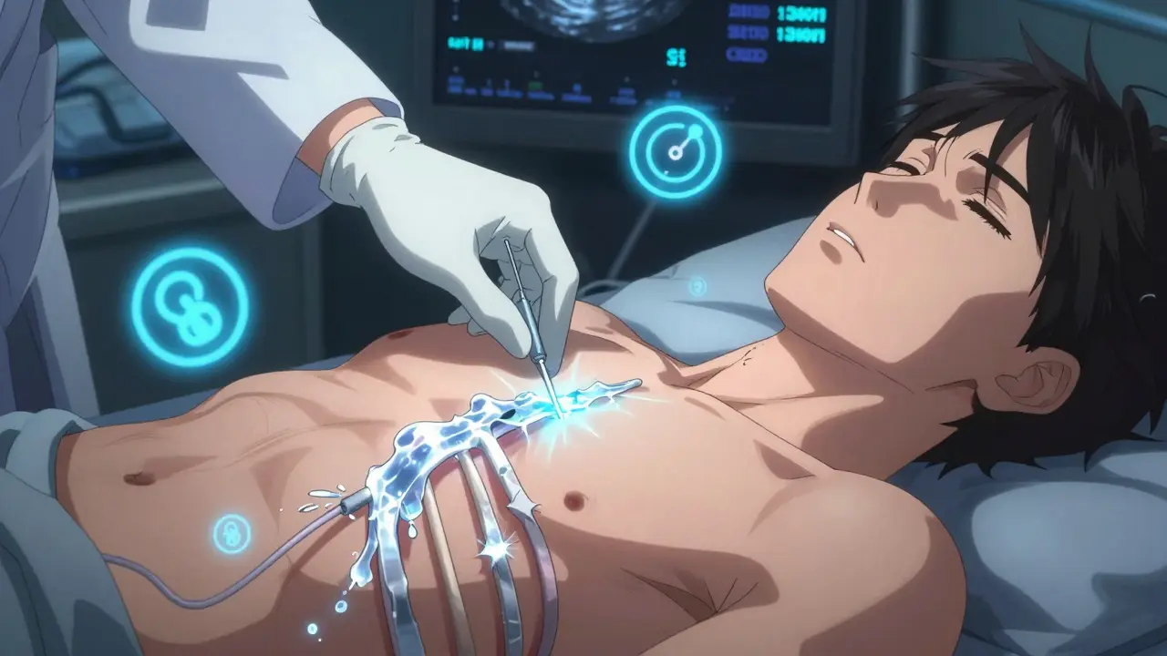 Doctor performing ultrasound-guided thoracentesis with glowing fluid drainage.