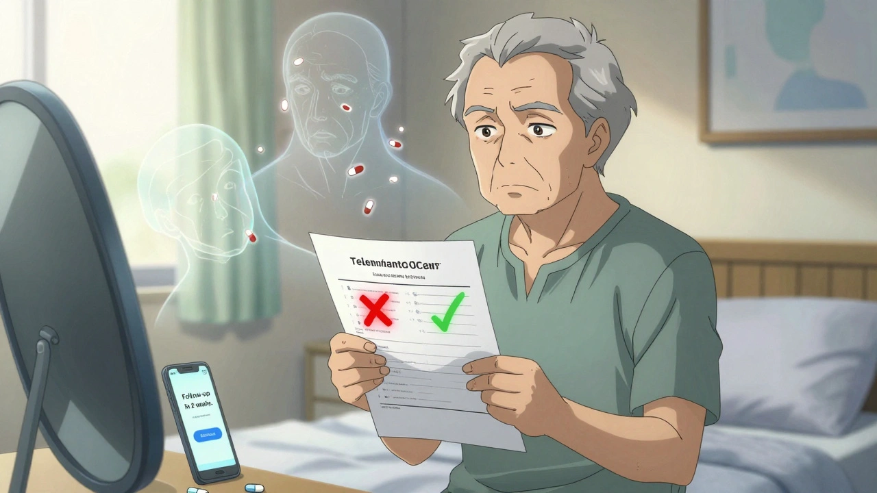 Elderly person holding medication review summary with discontinued and updated drugs highlighted.