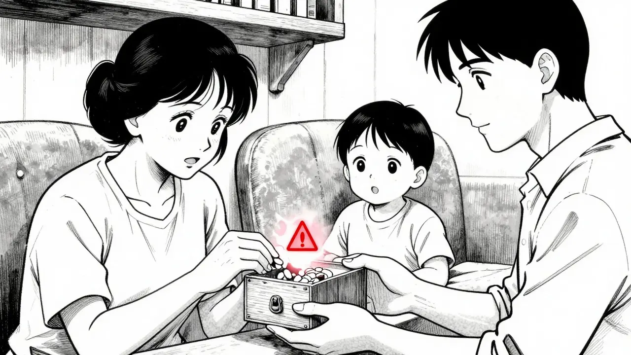 Family members placing meds into locked box while child watches nearby.