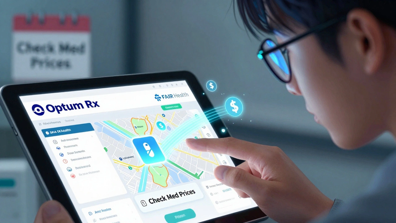 Hand scrolling through prescription price comparison app with map and data streams.