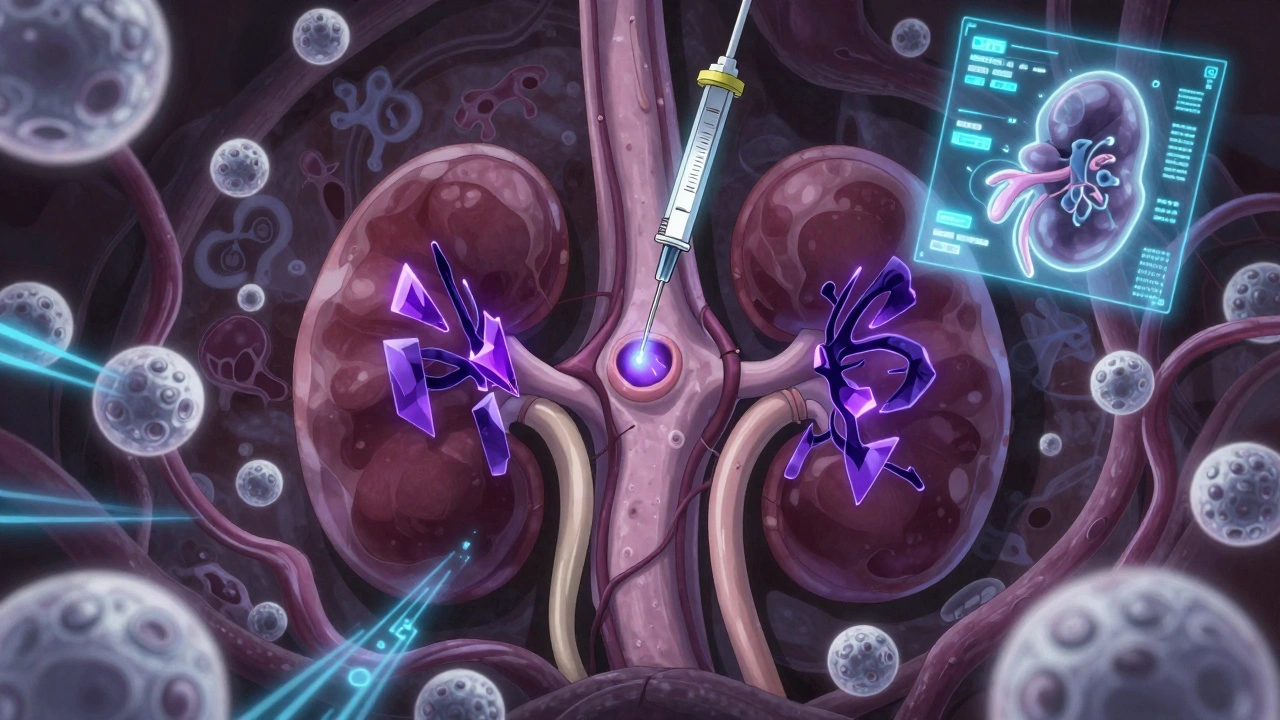 Immune proteins invading kidney glomeruli as glowing shards, with biopsy needle hovering above.