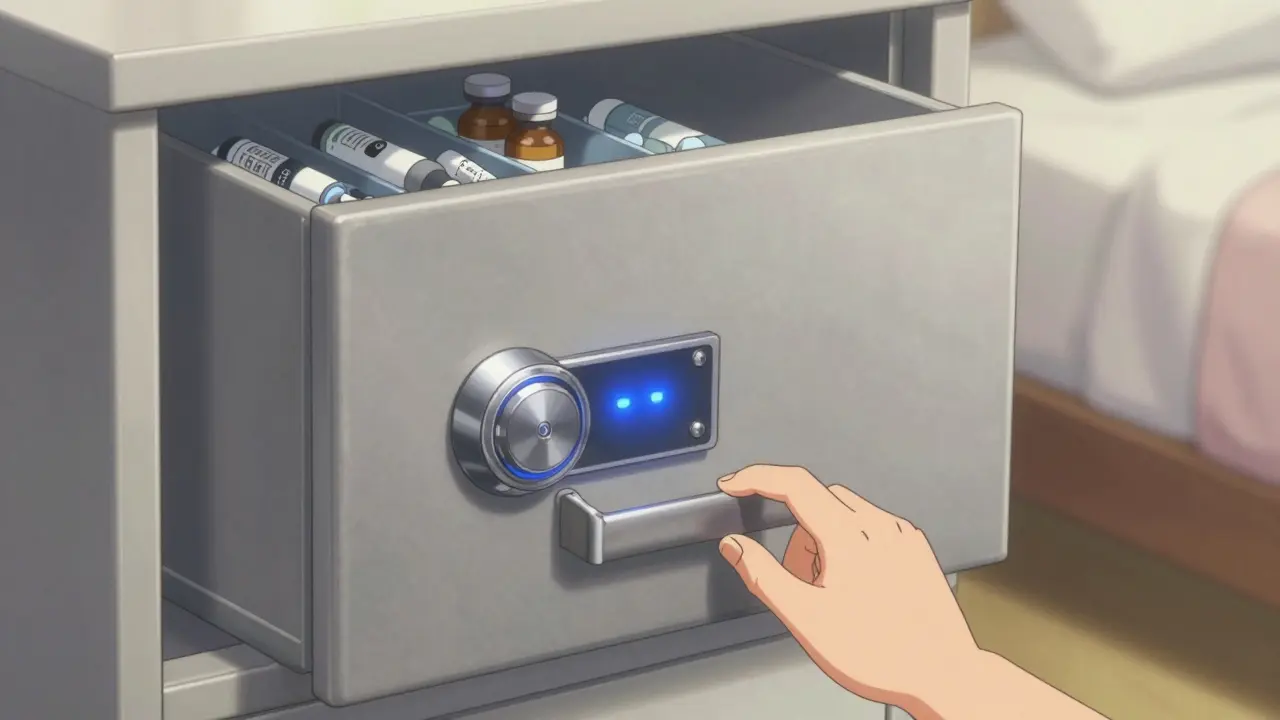 Locked medication safe inside dresser drawer with labeled vials inside.