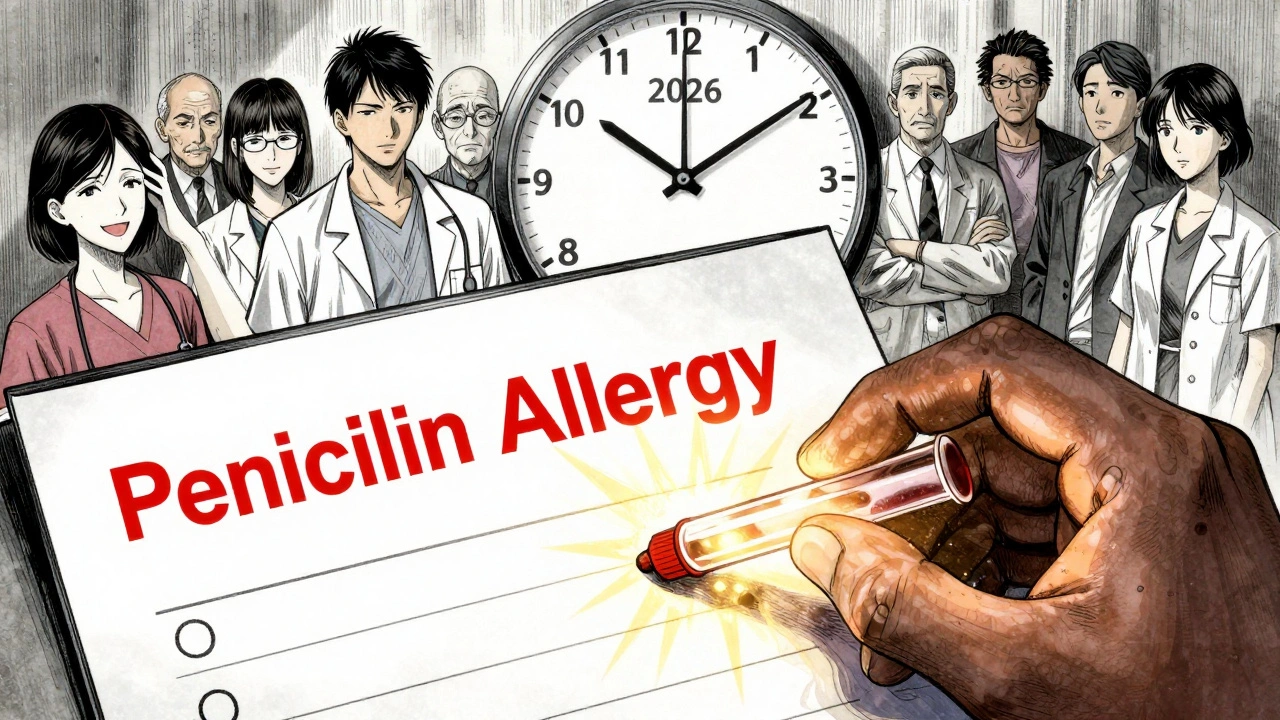 Medical chart showing &#039;Penicillin Allergy&#039; being erased by a test tube, patients relieved in background.