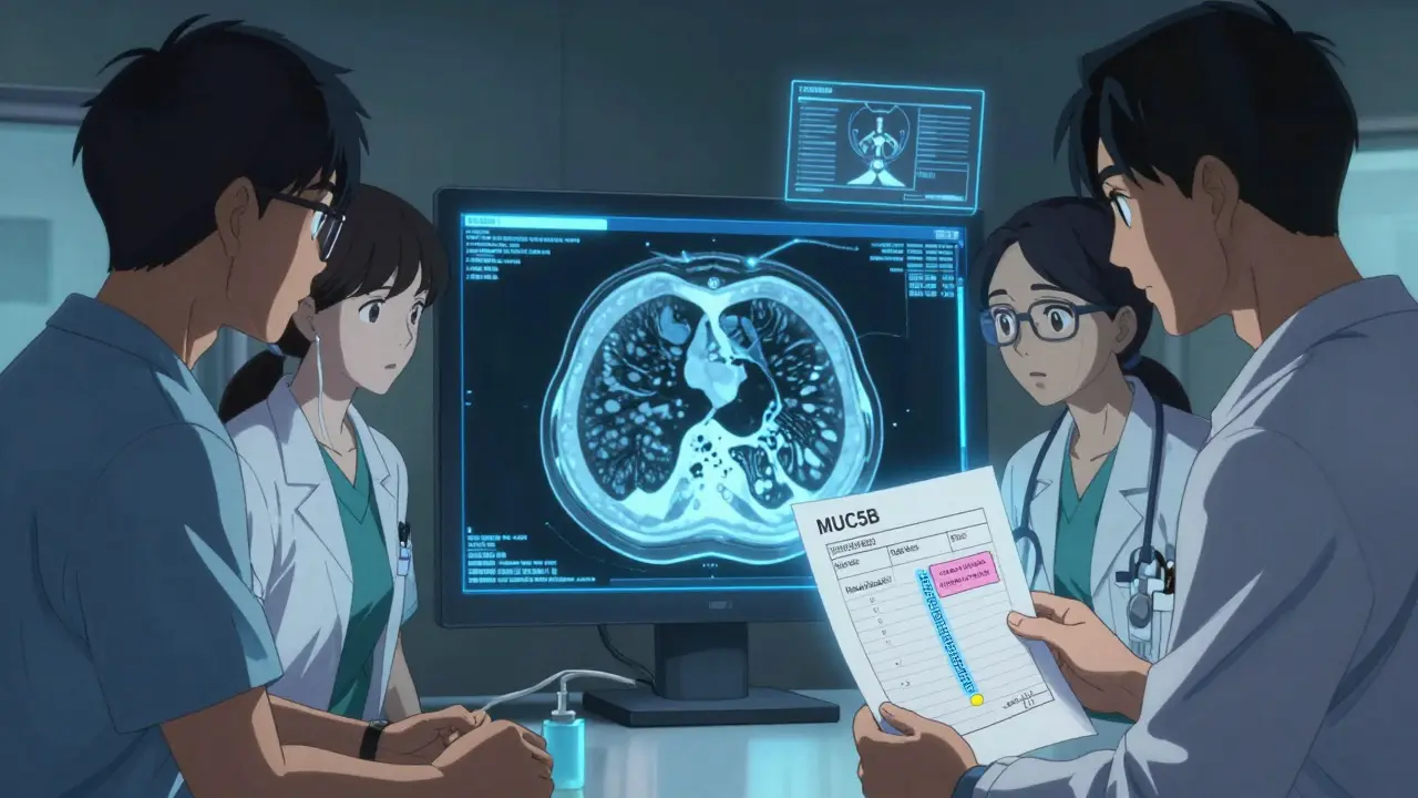 Medical team analyzing a CT scan of scarred lungs, with holographic data overlays in a dim radiology room.