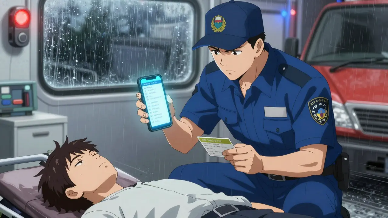 Paramedic viewing emergency medical ID on smartphone beside unconscious patient