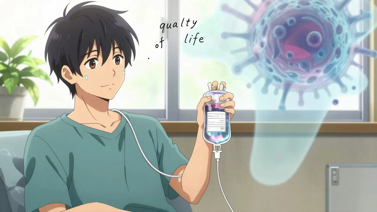 Patient draining pleural catheter at home with cancer cell fading in background.