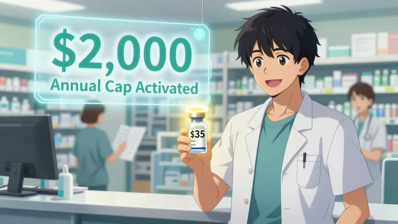Patient smiling at pharmacy counter with  insulin vial, holographic ,000 out-of-pocket cap banner in background.