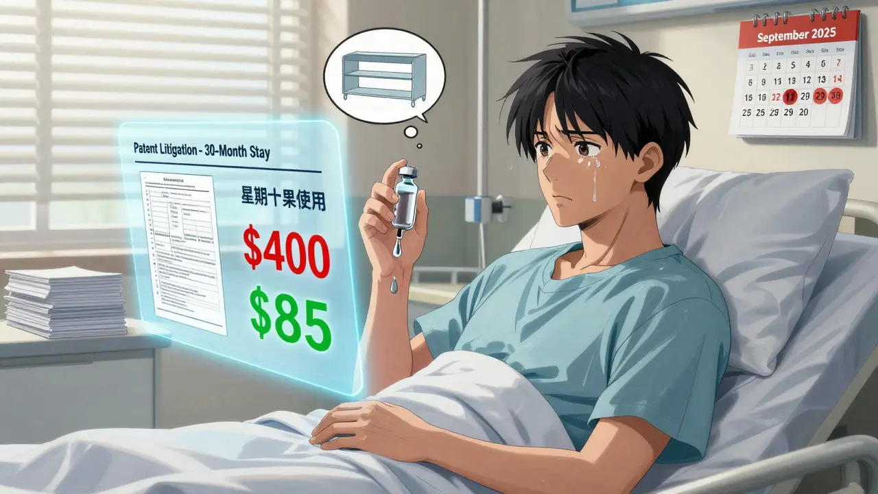 Patient staring at nearly empty insulin vial with price comparison hologram floating above.