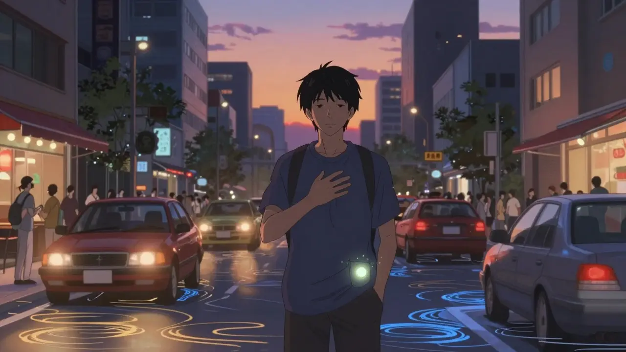 Person calmly standing in busy city street, noise rendered as gentle ripples, symbolizing recovery from sound sensitivity.